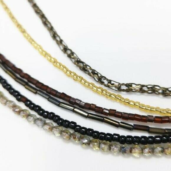 Chico’s Multi Strand Seed Bead Necklace Enamel Rhinestone Pendant Bronze Tone - Picture 11 of 12